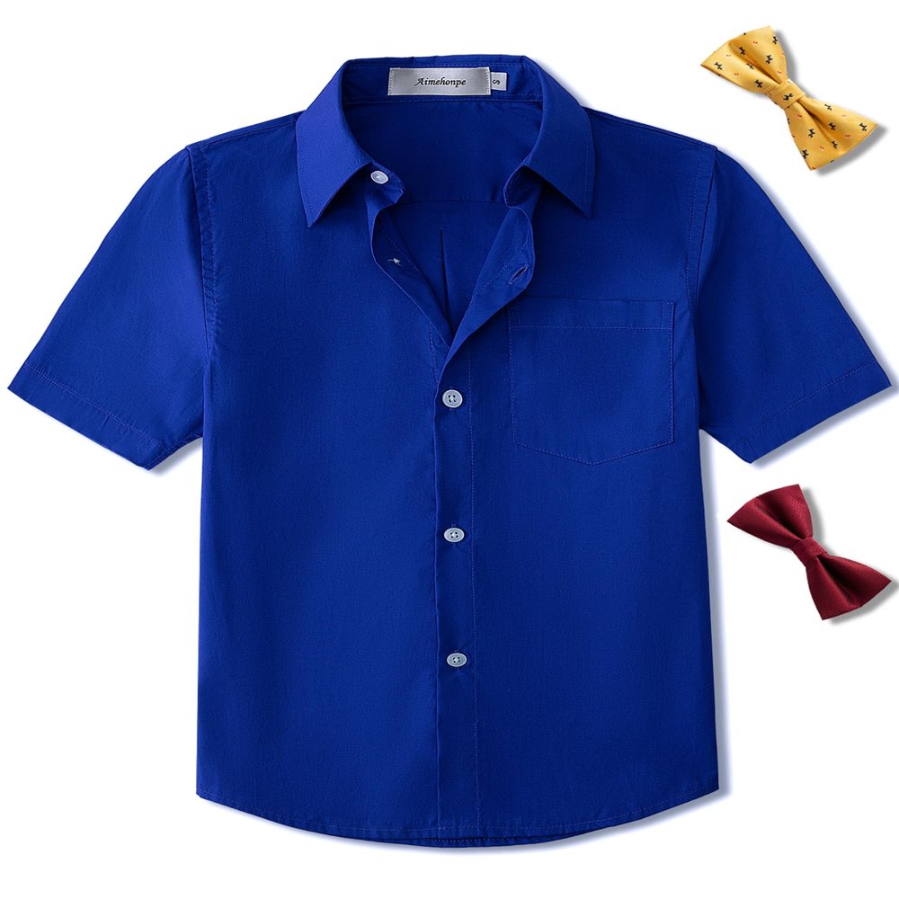 Aimehonpe Boy's Short Sleeve Cotton Dress Shirt and Bow Tie Formal Uniform Solid Button-Down Shirts, RoyalBlue, Small