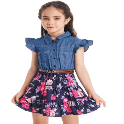 Agoky Kids Girls Denim Crop Tops Dress with Adjustable Belt Flutter Sleeve Floral Printed Swing Skirt Summer Casual Sundress Navy Blue 5