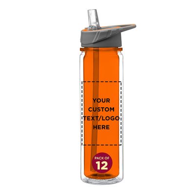 DISCOUNT PROMOS Custom Tritan Sports Bottles with Straw 19 oz. Set of 12, Personalized Bulk Pack - Great for Gym, Hiking, Cycling, Camping, Backpacking, School - Orange