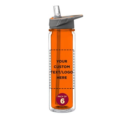 DISCOUNT PROMOS Custom Tritan Sports Bottles with Straw 19 oz. Set of 6, Personalized Bulk Pack - Great for Gym, Hiking, Cycling, Camping, Backpacking, School - Orange