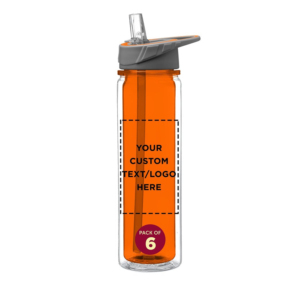 DISCOUNT PROMOS Custom Tritan Sports Bottles with Straw 19 oz. Set of 6, Personalized Bulk Pack - Great for Gym, Hiking, Cycling, Camping, Backpacking, School - Orange