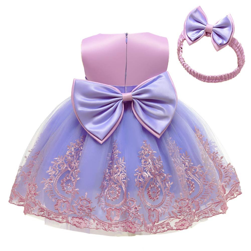 CMMCHAAH Infant Girls Big Bowknot Dresses Baby Little Girls Tulle Lace Wedding Party Ball Gown Dress (Purple+Pink,60)