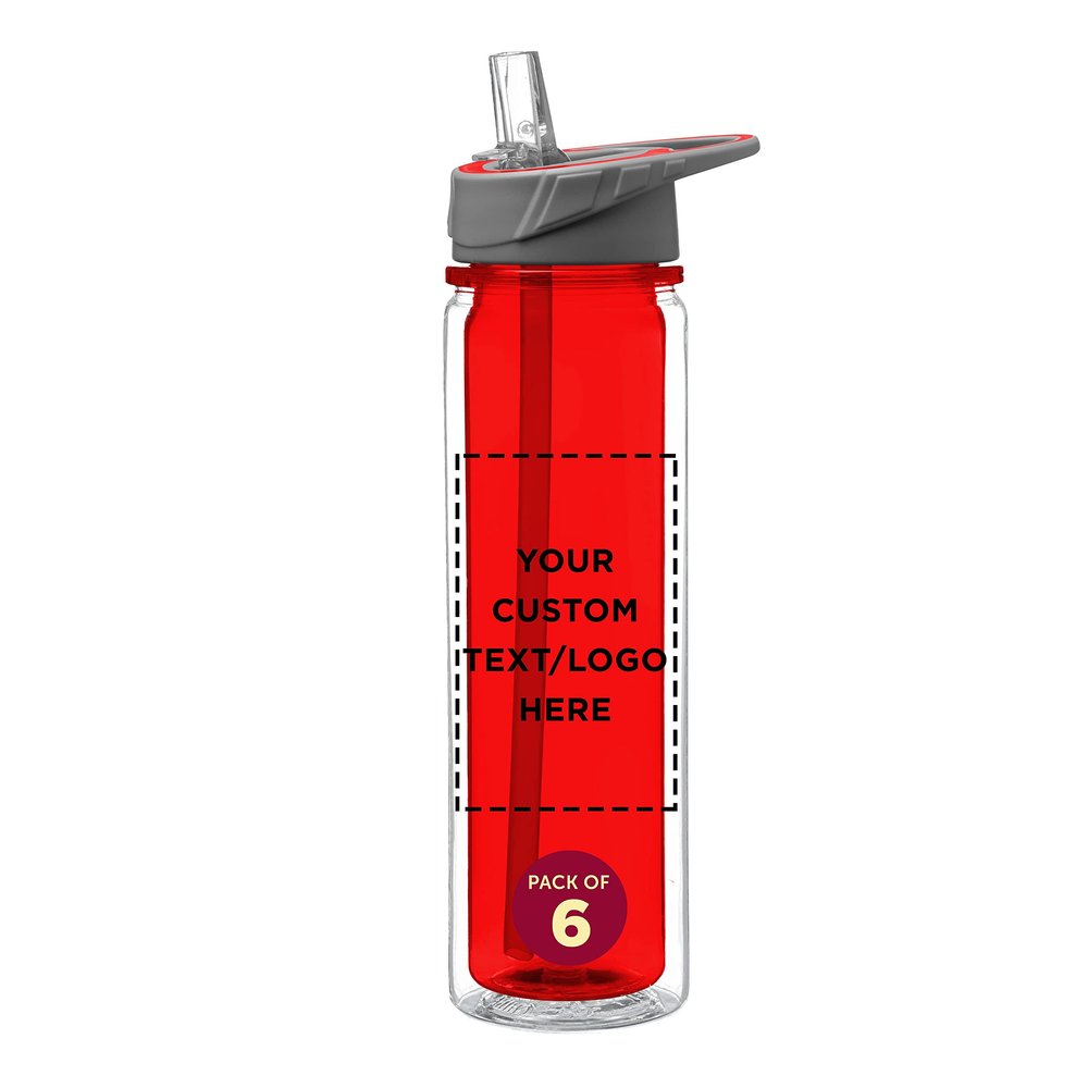 DISCOUNT PROMOS Custom Tritan Sports Bottles with Straw 19 oz. Set of 6, Personalized Bulk Pack - Great for Gym, Hiking, Cycling, Camping, Backpacking, School - Red