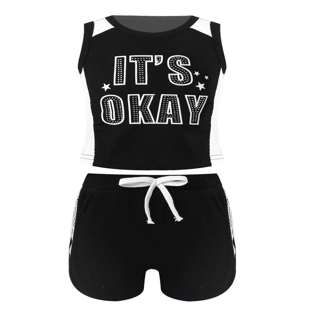 vastwit Toddlers 2 Piece Letter Print Sports Outfits Graphic Tank Tops and Solid Color Shorts with Drawstring Black 4-5