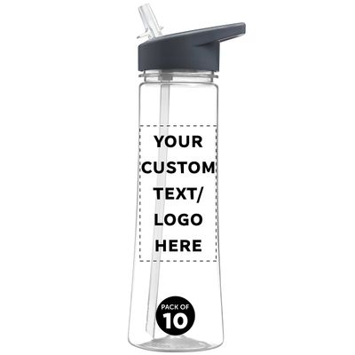 DISCOUNT PROMOS Custom Plastic Bottles with Drink Spout 22 oz. Set of 10, Personalized Bulk Pack - Great for Gym, Hiking, Cycling, Camping, Backpacking, School - Clear