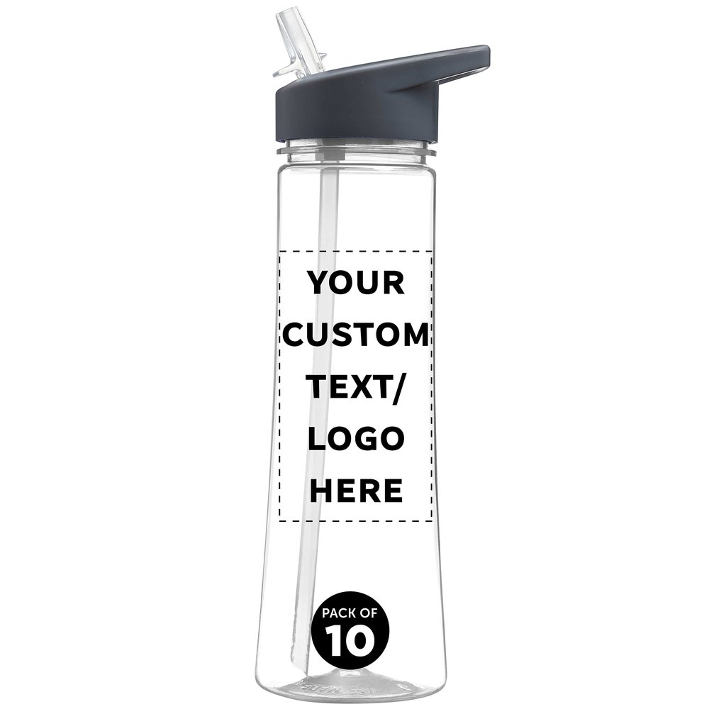 DISCOUNT PROMOS Custom Plastic Bottles with Drink Spout 22 oz. Set of 10, Personalized Bulk Pack - Great for Gym, Hiking, Cycling, Camping, Backpacking, School - Clear