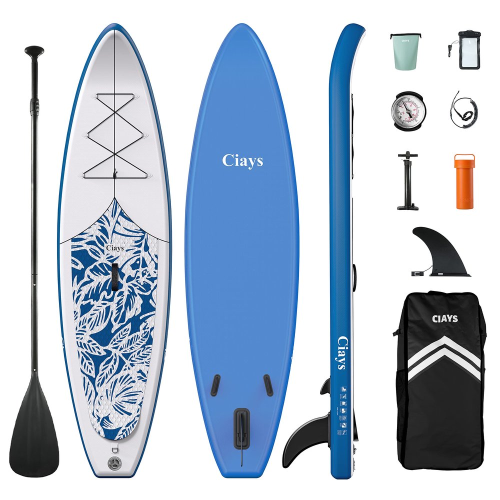 Ciays Inflatable Paddle Board with SUP Accessories of Backpack, 1 Fins, 2 Bags, Leash, Adjustable Paddles, Waterproof Bag, and Hand Pump, 105x30x6 Stand Up Paddleboard