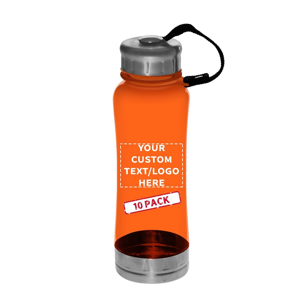 DISCOUNT PROMOS 10 Sports Bottles with Twist Lid Set, 23 oz. - Customizable Text, Logo - Metallic Base, BPA Free - Orange