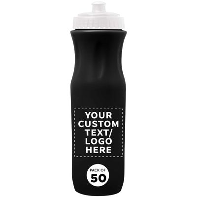 DISCOUNT PROMOS 50 Plastic Water Bottles Set, 26 oz. - Customizable Text, Logo - Black Push Top Lid - Black