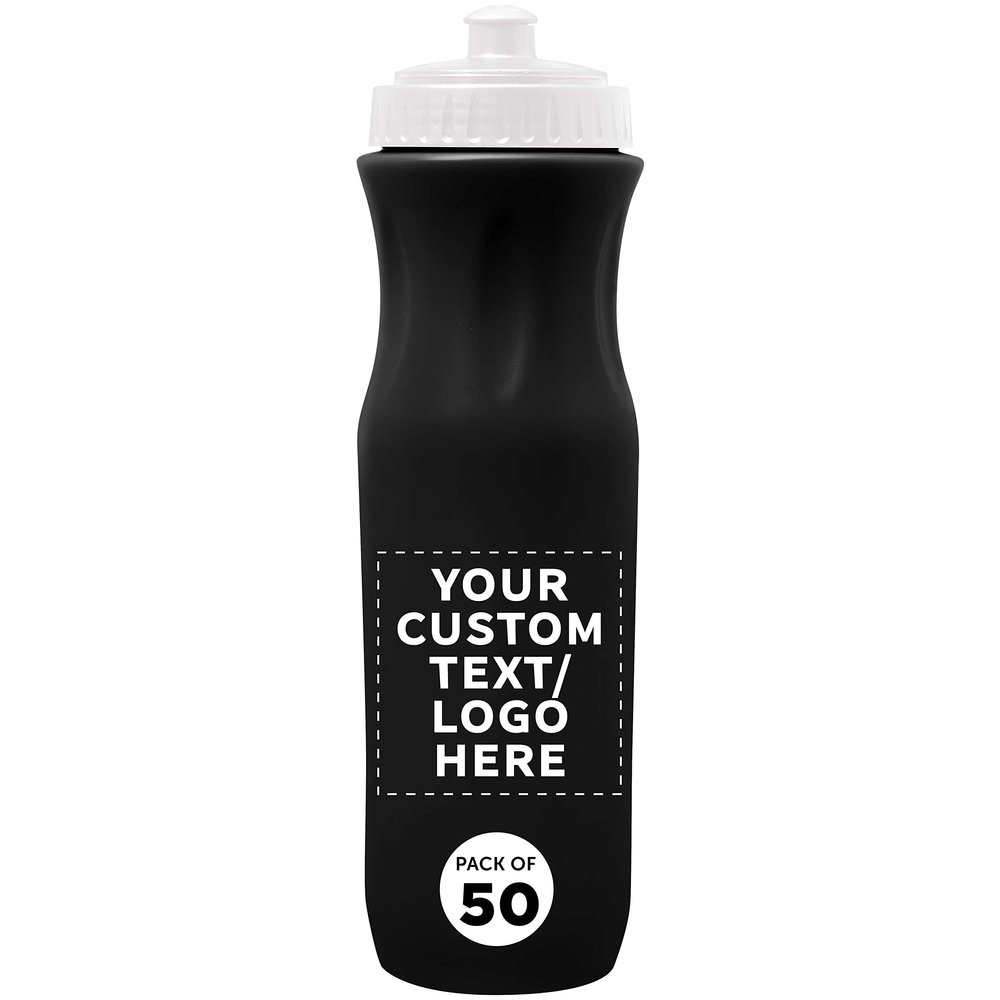 DISCOUNT PROMOS 50 Plastic Water Bottles Set, 26 oz. - Customizable Text, Logo - Black Push Top Lid - Black