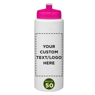 DISCOUNT PROMOS Custom HDPE Plastic Leak-Free Bottles 32 oz. Set of 50, Personalized Bulk Pack - BPA Free, Great for Gym, Camping, Backpacking, School - Neon Pink