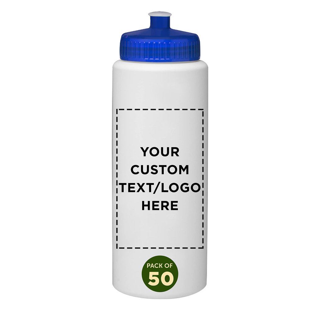 DISCOUNT PROMOS Custom HDPE Plastic Leak-Free Bottles 32 oz. Set of 50, Personalized Bulk Pack - BPA Free, Great for Gym, Camping, Backpacking, School - Trans Blue
