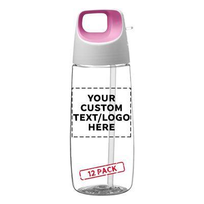 DISCOUNT PROMOS 12 Plastic Water Bottles with Straw Set, 27 oz. - Customizable Text, Logo - Tritan, Accent Cube - Pink