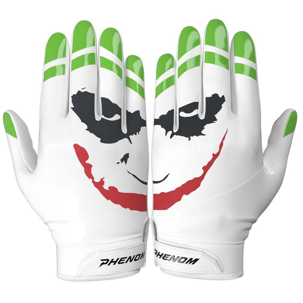 Phenom Elite The Joker Football Gloves  VPS3 | White DC Edition | Lightweight, Super Sticky Receiver Gloves for Adults & Kids (Youth, Small)