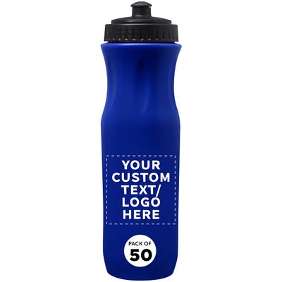 DISCOUNT PROMOS 50 Plastic Water Bottles Set, 26 oz. - Customizable Text, Logo - Black Push Top Lid - Blue