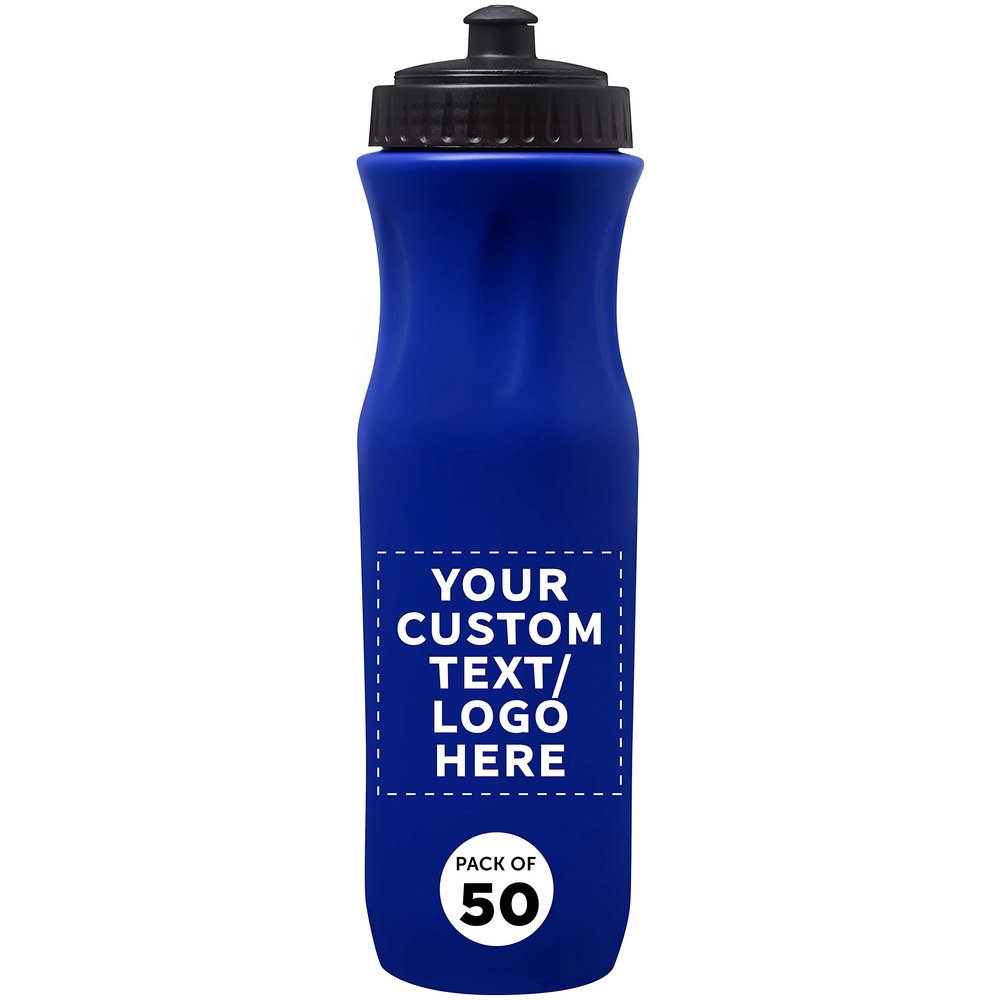 DISCOUNT PROMOS 50 Plastic Water Bottles Set, 26 oz. - Customizable Text, Logo - Black Push Top Lid - Blue