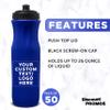 DISCOUNT PROMOS 50 Plastic Water Bottles Set, 26 oz. - Customizable Text, Logo - Black Push Top Lid - Blue view 3