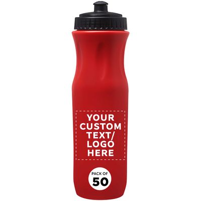 DISCOUNT PROMOS 50 Plastic Water Bottles Set, 26 oz. - Customizable Text, Logo - Black Push Top Lid - Red
