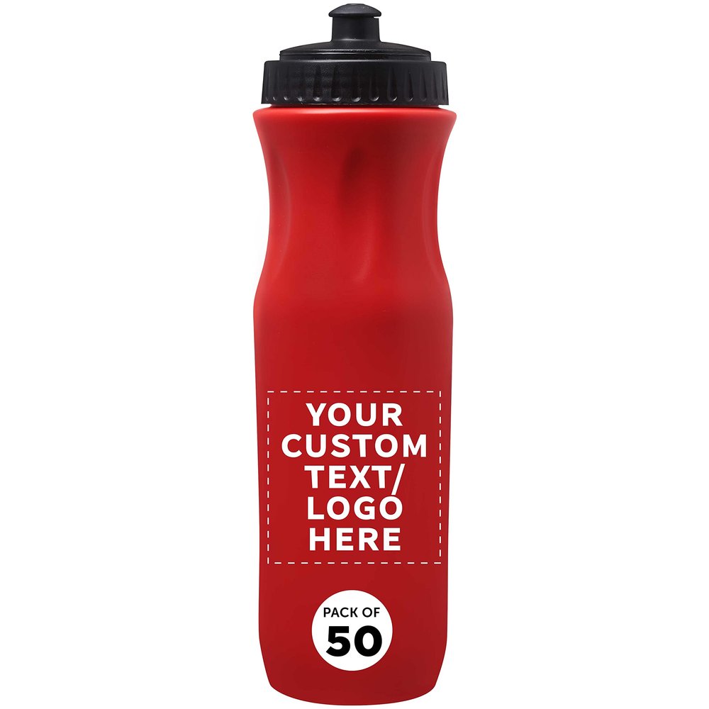 DISCOUNT PROMOS 50 Plastic Water Bottles Set, 26 oz. - Customizable Text, Logo - Black Push Top Lid - Red