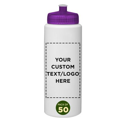 DISCOUNT PROMOS Custom HDPE Plastic Leak-Free Bottles 32 oz. Set of 50, Personalized Bulk Pack - BPA Free, Great for Gym, Camping, Backpacking, School - Trans Purple