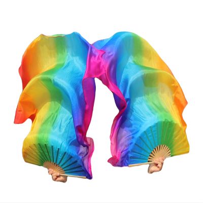 Winged Sirenny 43"(110 cm) Small Youth Worship Praise Fan Flag Streamers, Belly Dance Silk Fan Veil, Set of 2 (longside Rainbow)