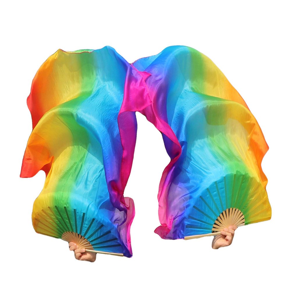 Winged Sirenny 43"(110 cm) Small Youth Worship Praise Fan Flag Streamers, Belly Dance Silk Fan Veil, Set of 2 (longside Rainbow)