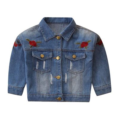 Toddler Kids Girls Boys Floral Print Ripped Denim Jacket Long Sleeve Button Down Trucker Jeans Jacket Top Coat Overcoat Basic Hoodie Casual Spring Fall Cowboy Outerwear Clothes Blue Rose 3-4 Years