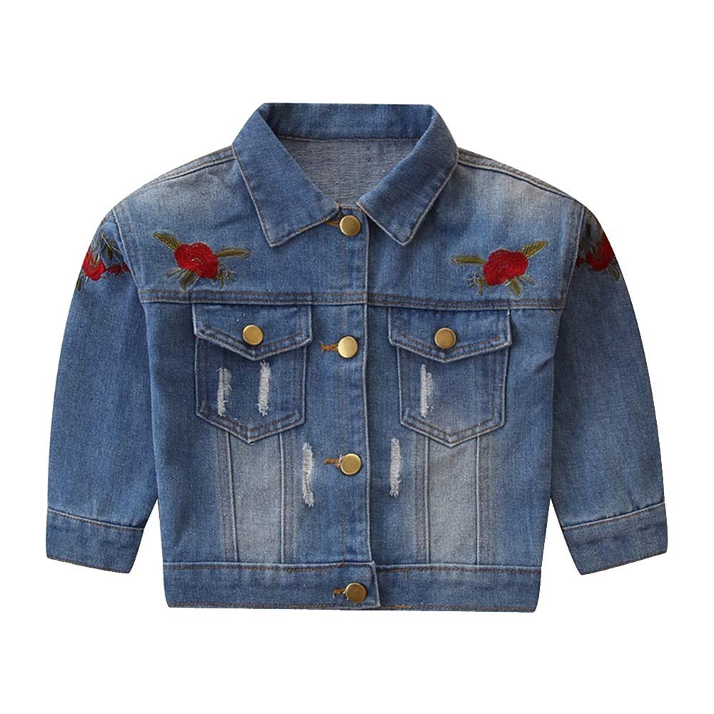 Toddler Kids Girls Boys Floral Print Ripped Denim Jacket Long Sleeve Button Down Trucker Jeans Jacket Top Coat Overcoat Basic Hoodie Casual Spring Fall Cowboy Outerwear Clothes Blue Rose 3-4 Years