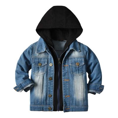 Toddler Kids Girls Boys Hooded Denim Jacket Long Sleeve Button Down Trucker Jeans Jacket Top Zipper Coat Overcoat Basic Hoodie Casual Spring Fall Cowboy Outerwear Clothes Blue Black Hat 12-18 Months