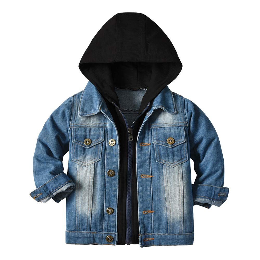 Toddler Kids Girls Boys Hooded Denim Jacket Long Sleeve Button Down Trucker Jeans Jacket Top Zipper Coat Overcoat Basic Hoodie Casual Spring Fall Cowboy Outerwear Clothes Blue Black Hat 12-18 Months