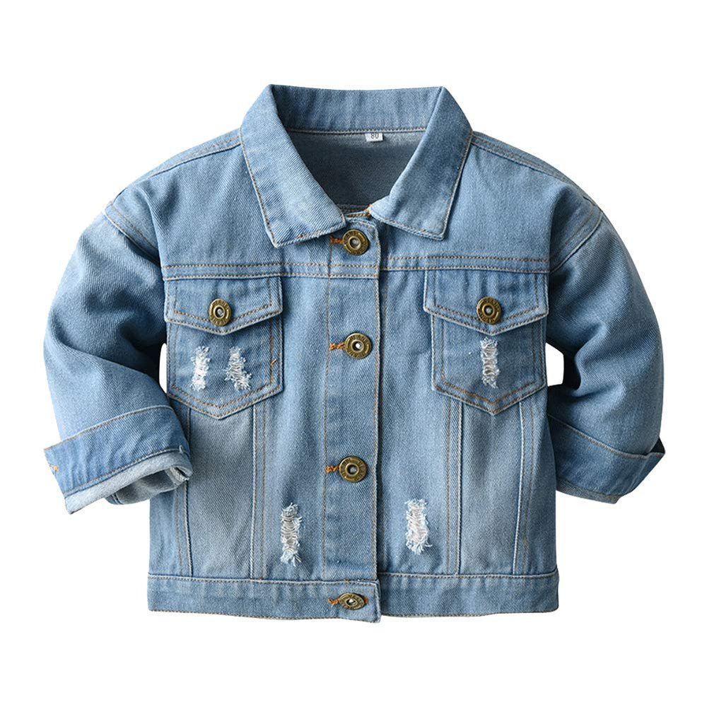 Toddler Kids Girls Boys Ripped Denim Jacket Long Sleeve Button Down Trucker Jeans Jacket Top Coat Overcoat Basic Hoodie Casual Spring Fall Cowboy Outerwear Winter Warm Clothes Light Blue 18-24 Months