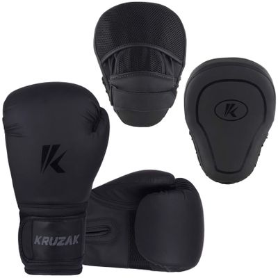 Kruzak Matte Black Boxing Gloves and Focus Mitts Set for Kickboxing and Muay Thai MMA Training - Fitness Kit with Punching Pads for Martial Arts and Karate (Matte Black, 14 oz)