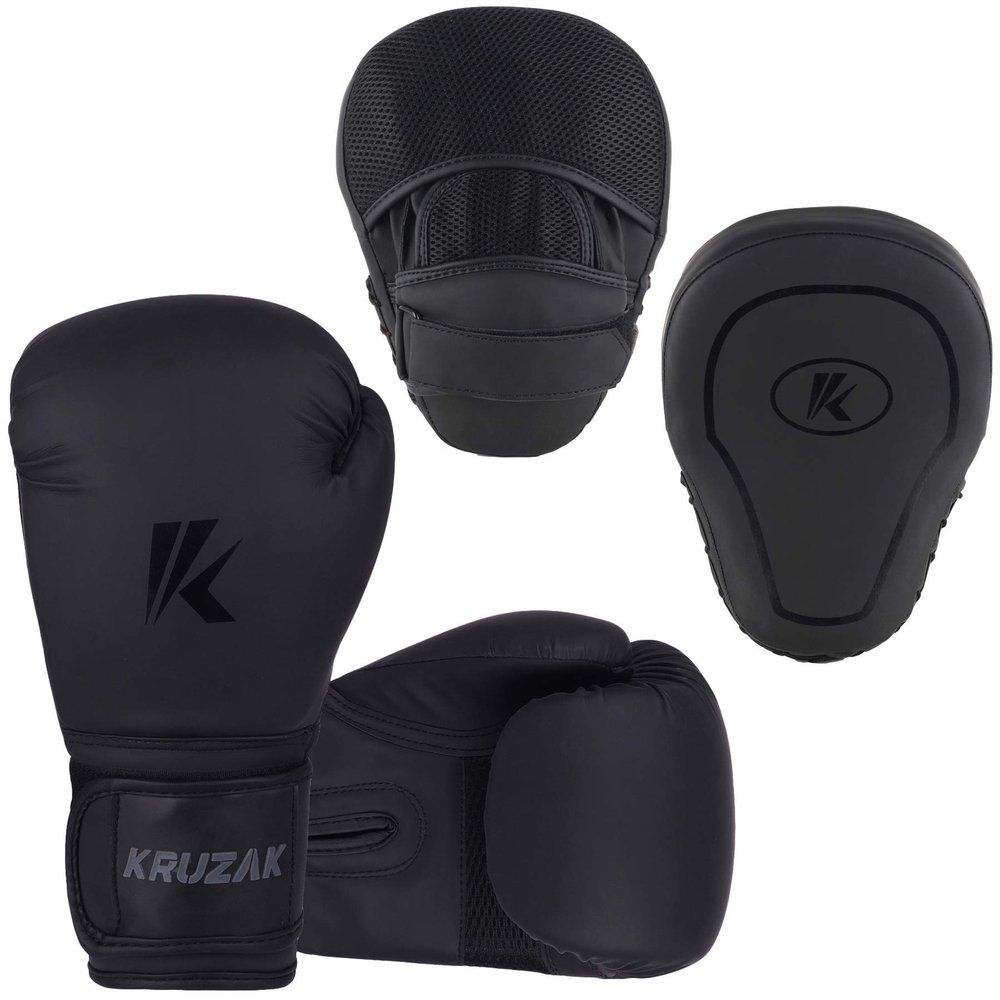 Kruzak Matte Black Boxing Gloves and Focus Mitts Set for Kickboxing and Muay Thai MMA Training - Fitness Kit with Punching Pads for Martial Arts and Karate (Matte Black, 14 oz)
