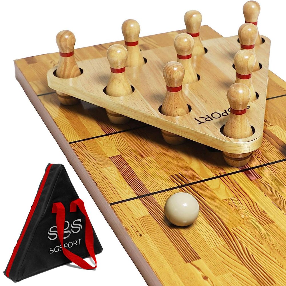 YDDS Shuffleboard Bowling Pin Set with 10 Pcs Premium Hardwood Bowling Pins Durabel Triangular Pinsetter Resin Bowling Ball and Carrying Bag, Fun for Shuffleboard Games