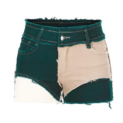THUNDER STAR Womens Mid Rise Stretchy Patchwork Jeans Shorts Raw Frayed Hem Casual Denim Shorts Green XL