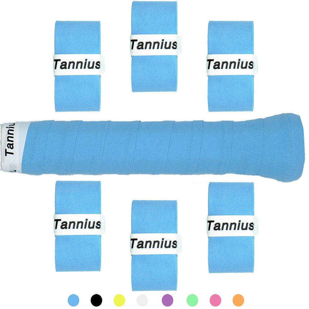 Tannius Tennis Racket Grip Tape, 9 Pack Dry Feel Tennis Grips, Absorbent and Enhanced Tennis Overgrip (6-Pack Blue)