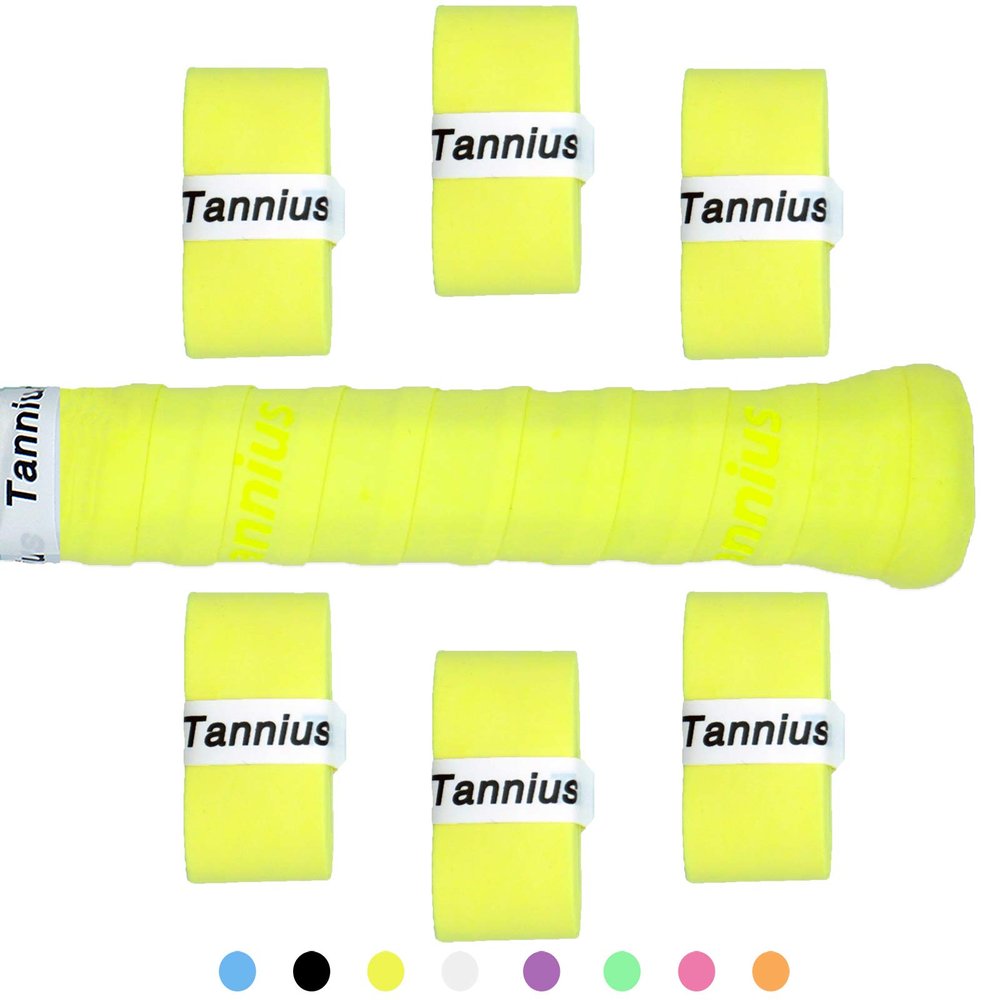 Tannius Tennis Racket Grip Tape, 9 Pack Dry Feel Tennis Grips, Absorbent and Enhanced Tennis Overgrip (6-Pack Yellow)