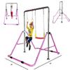Kids Expandable Gymnastics Bar Jungle Gym 3 in 1 Horizontal Bar with Deluxe Swing Set, Trapeze Rings, Height Adjustable Monkey Bars Gymnastic Kip Bar Junior Training Bar Folding Climbing Tower (Pink) view 4