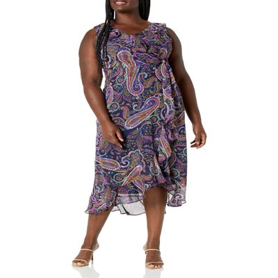 London Times Womens Ruffle Hem Maxi Dress, Ruffle Detail Hi-Low Faux Wrap Dress, Navy/Multi, 10 US