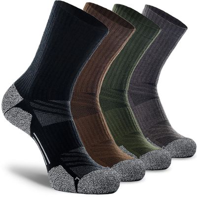CWVLC Hiking Crew Socks, 4-Pack Men Women Boot Socks for Walking, Hunting, Camping, Winter Outdoor Work, Cosy Cushion, Moisture Wicking, Arch Compression, Anti Blister, X-Large, Black Gray Green Brown
