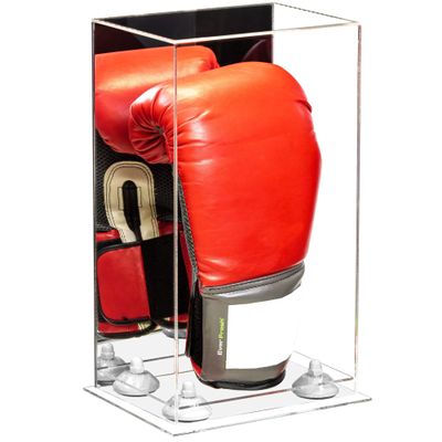 Better Display Cases Acrylic Vertical Boxing Glove Display Case with Mirror Case, White Risers and Clear Base - 8" x 6" x 14" (A092/V18)