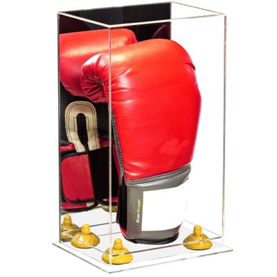 Better Display Cases Acrylic Vertical Boxing Glove Display Case with Mirror Case, Yellow Risers and Clear Base - 8" x 6" x 14" (A092/V18)