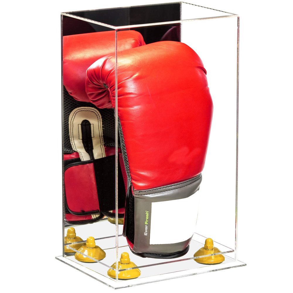 Better Display Cases Acrylic Vertical Boxing Glove Display Case with Mirror Case, Yellow Risers and Clear Base - 8" x 6" x 14" (A092/V18)