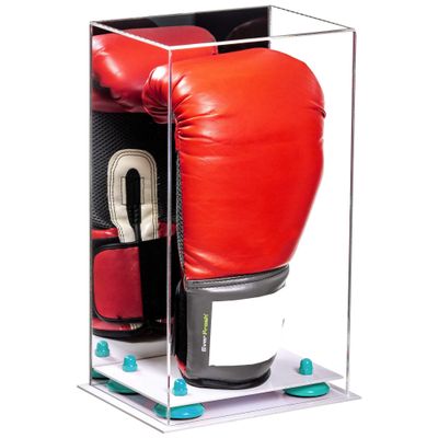 Better Display Cases Acrylic Vertical Boxing Glove Display Case with Mirror Case, Light Blue Risers and White Base - 8" x 6" x 14" (A092/V18)