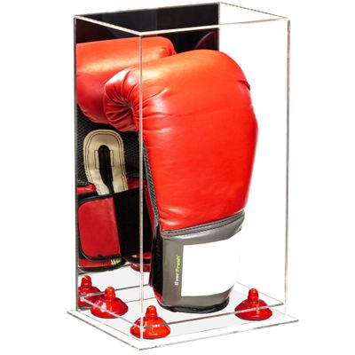 Better Display Cases Acrylic Vertical Boxing Glove Display Case with Mirror Case, Red Risers and Clear Base - 8" x 6" x 14" (A092/V18)
