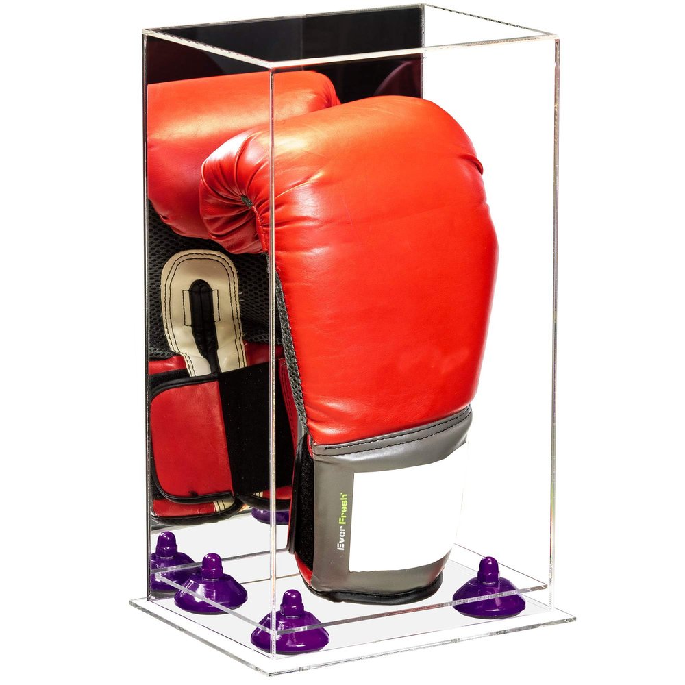 Better Display Cases Acrylic Vertical Boxing Glove Display Case with Mirror Case, Purple Risers and Clear Base - 8" x 6" x 14" (A092/V18)
