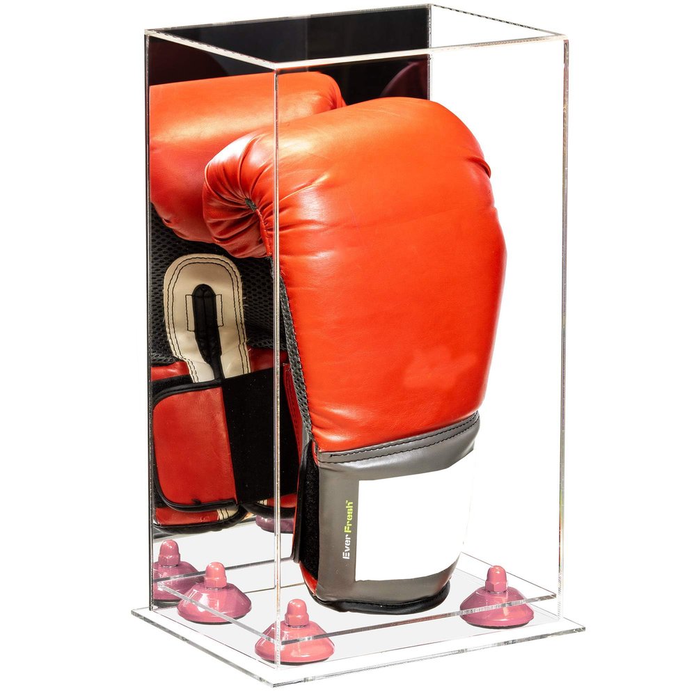 Better Display Cases Acrylic Vertical Boxing Glove Display Case with Mirror Case, Pink Risers and Clear Base - 8" x 6" x 14" (A092/V18)