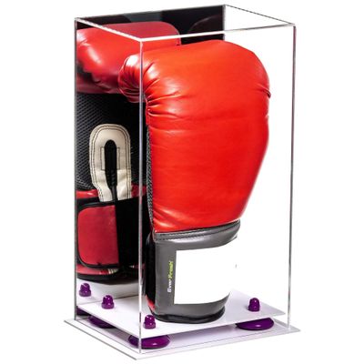 Better Display Cases Acrylic Vertical Boxing Glove Display Case with Mirror Case, Purple Risers and White Base - 8" x 6" x 14" (A092/V18)