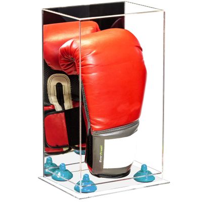Better Display Cases Acrylic Vertical Boxing Glove Display Case with Mirror Case, Light Blue Risers and Clear Base - 8" x 6" x 14" (A092/V18)