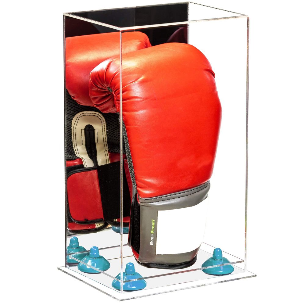 Better Display Cases Acrylic Vertical Boxing Glove Display Case with Mirror Case, Light Blue Risers and Clear Base - 8" x 6" x 14" (A092/V18)